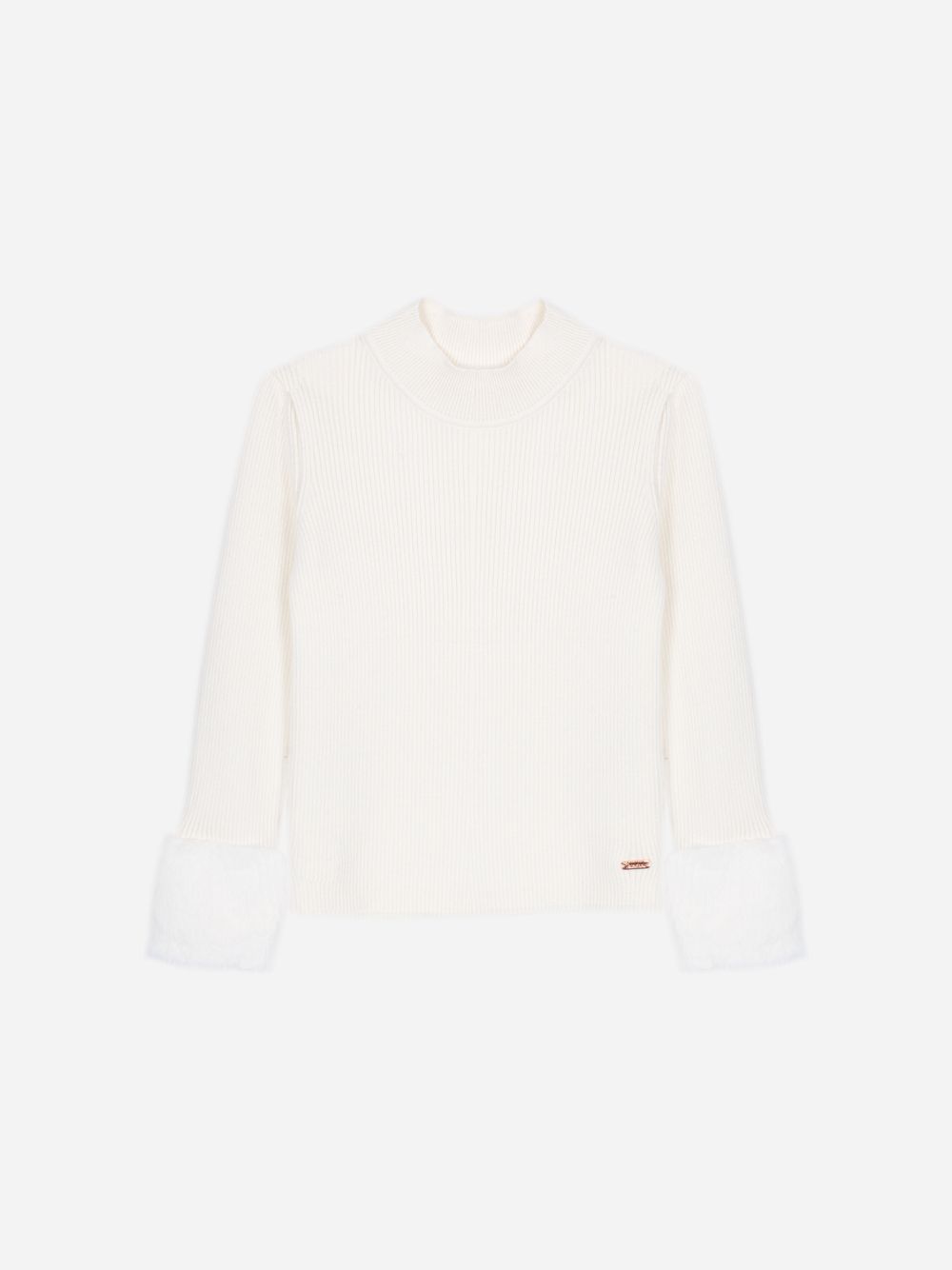 Ecru knit sweater with fur cuffs