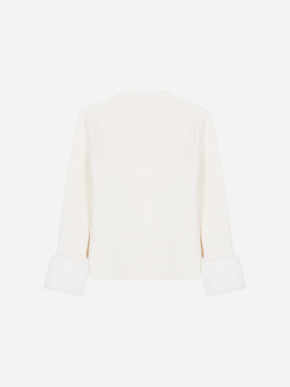 Ecru knit sweater with fur cuffs