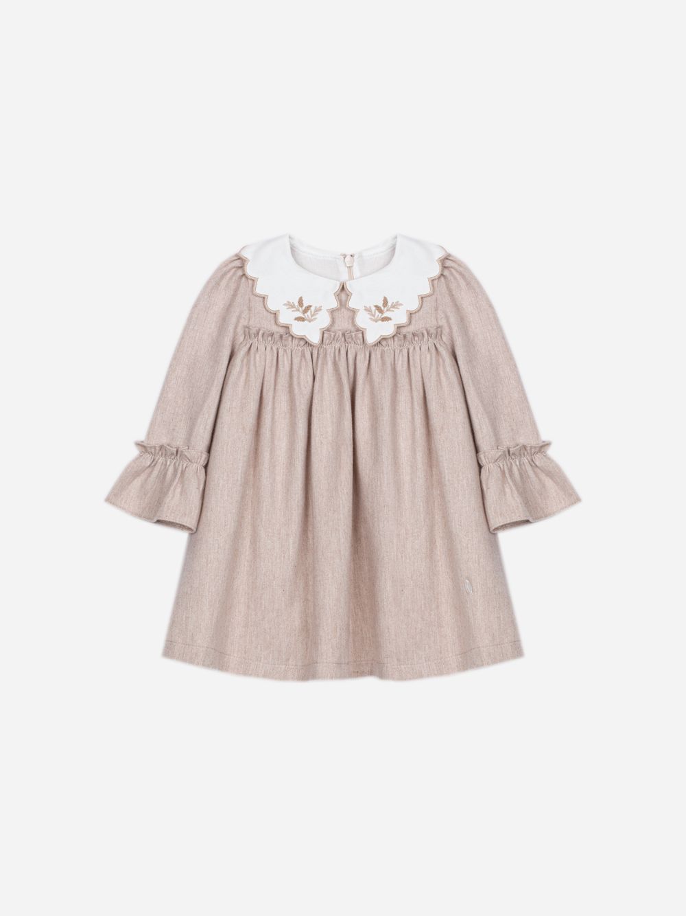 Elegant beige dress with embroidered collar