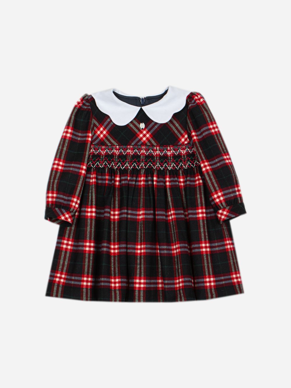 Red dress with a tartan print and white collar