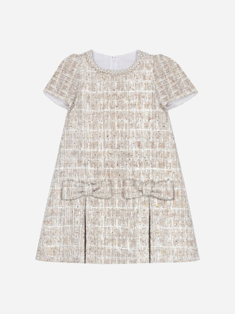 Golden dress in shiny tweed with bows