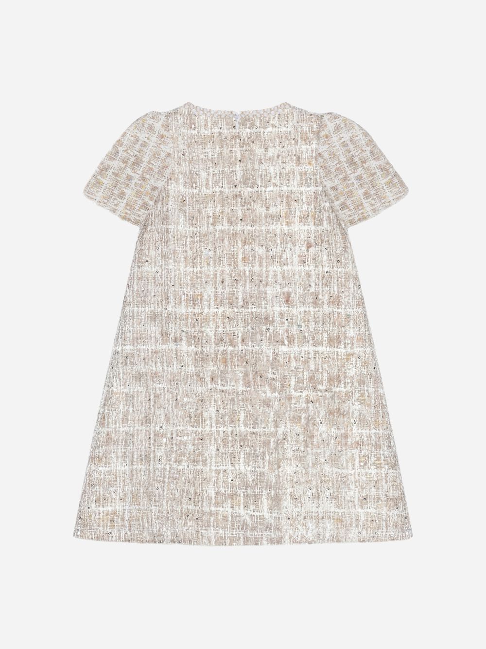 Golden dress in shiny tweed with bows