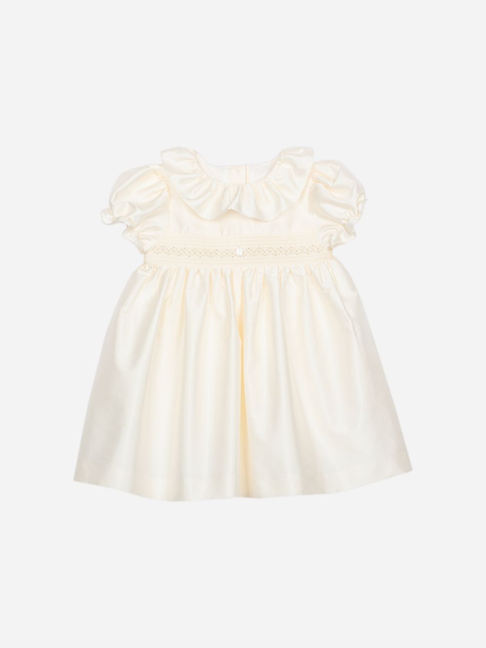 Beige dress with a ruffled collar and short sleeves