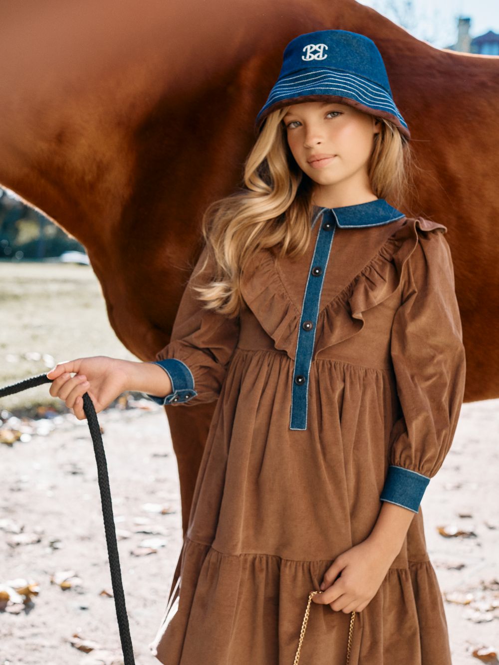 Dark Brown dress with denim details and elegant ruffles