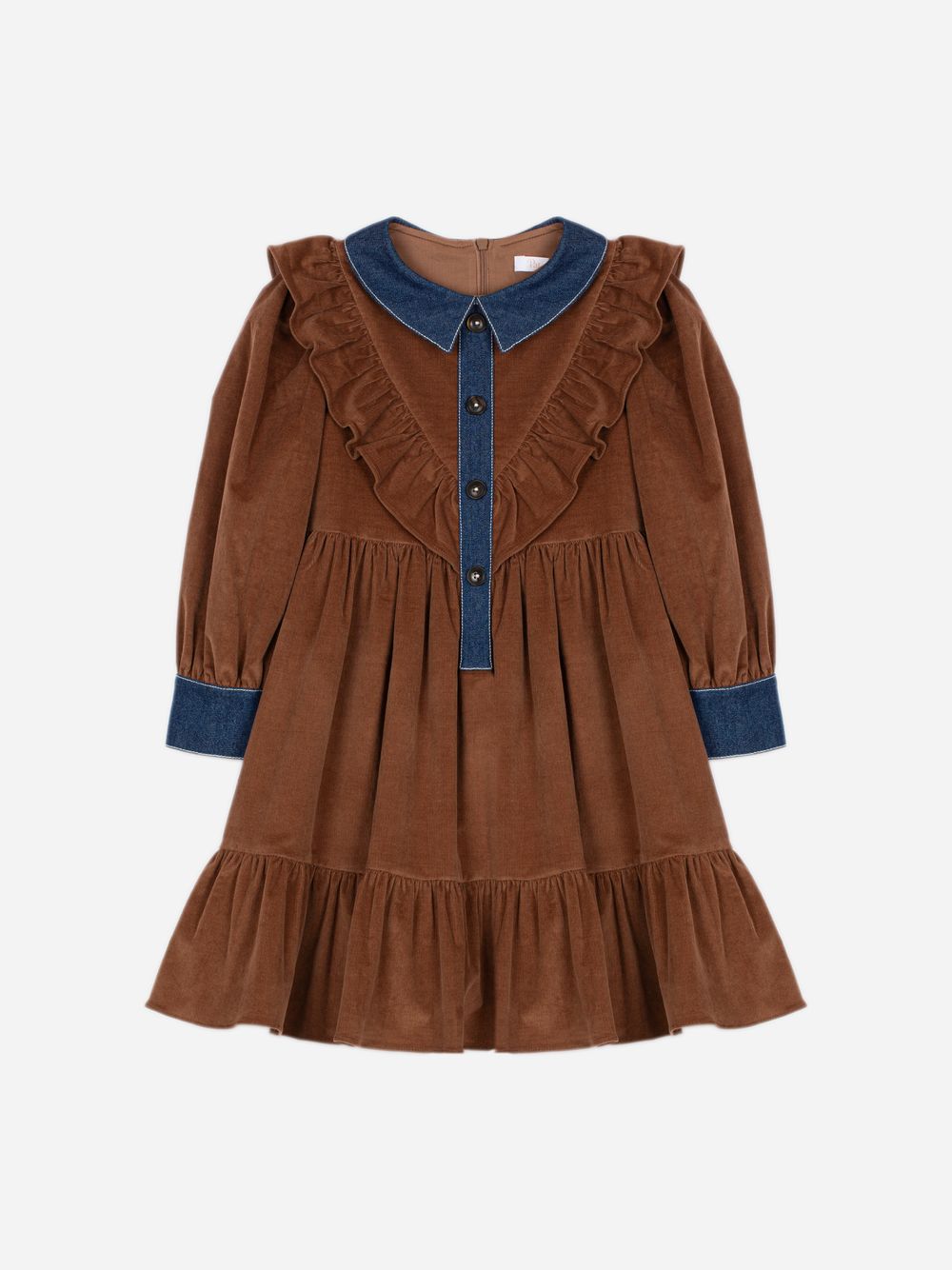 Dark Brown dress with denim details and elegant ruffles