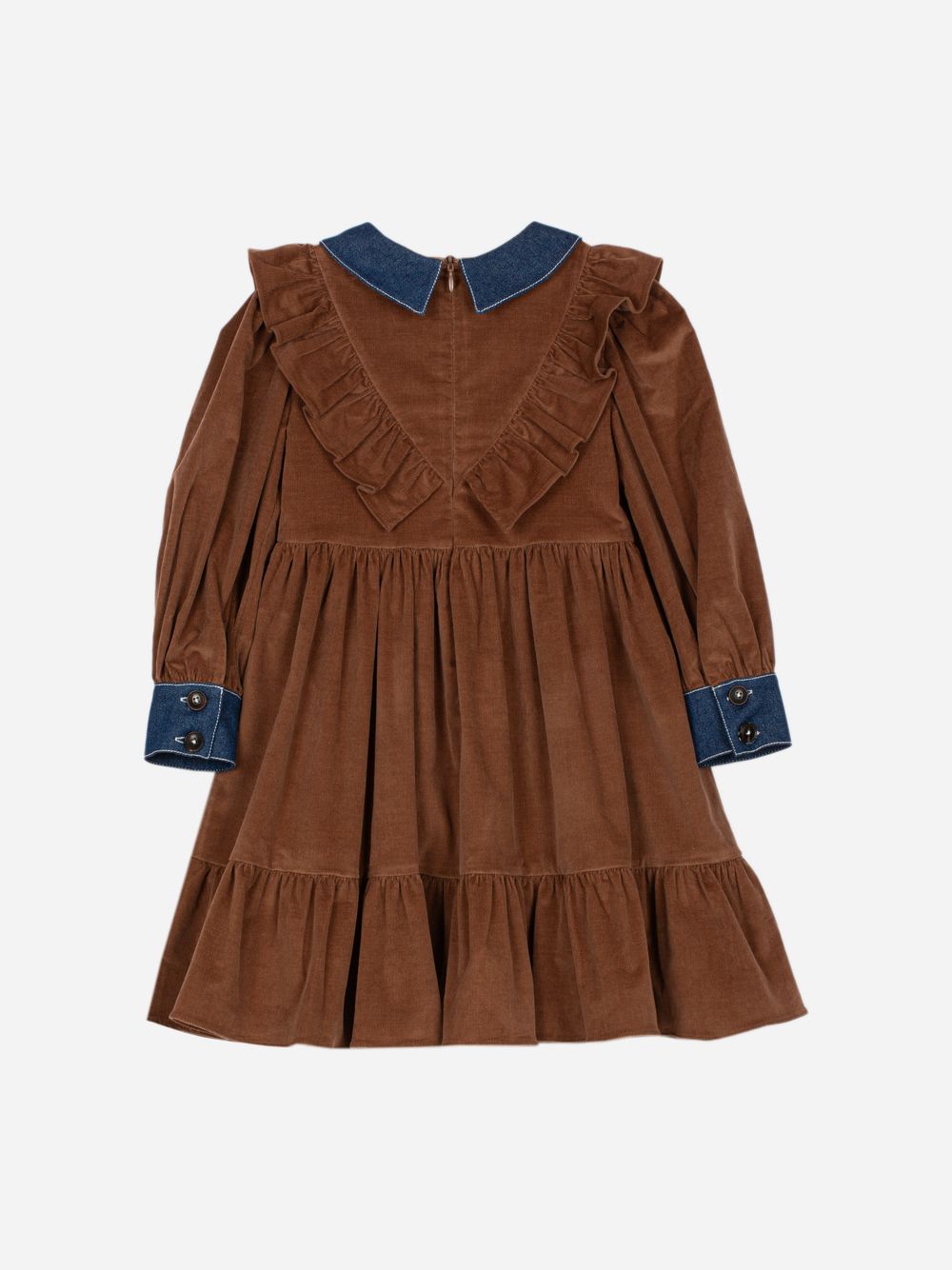 Dark Brown dress with denim details and elegant ruffles