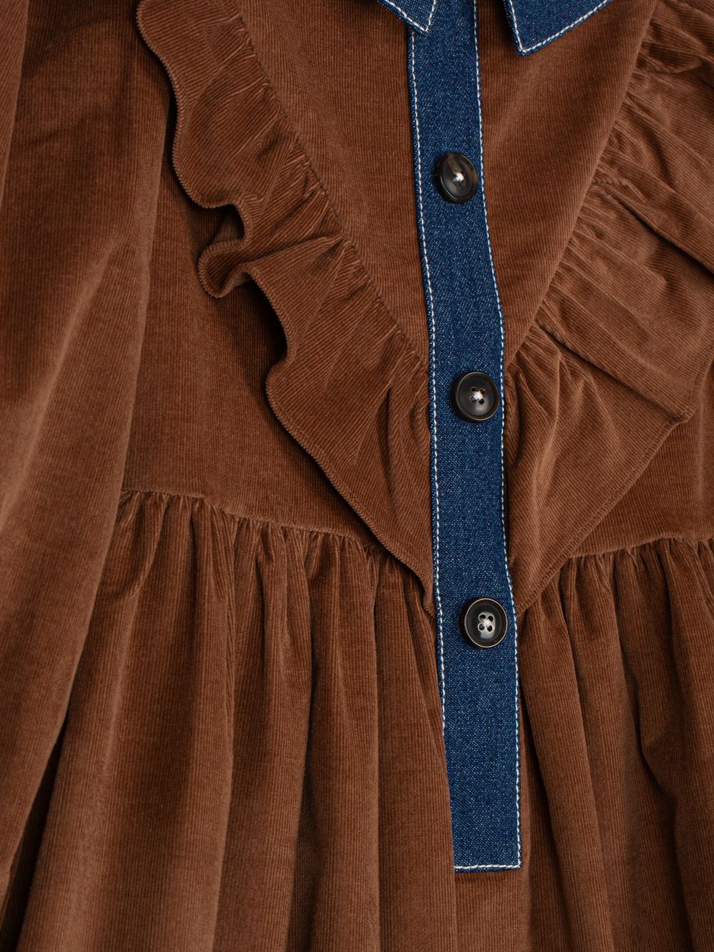 Dark Brown dress with denim details and elegant ruffles