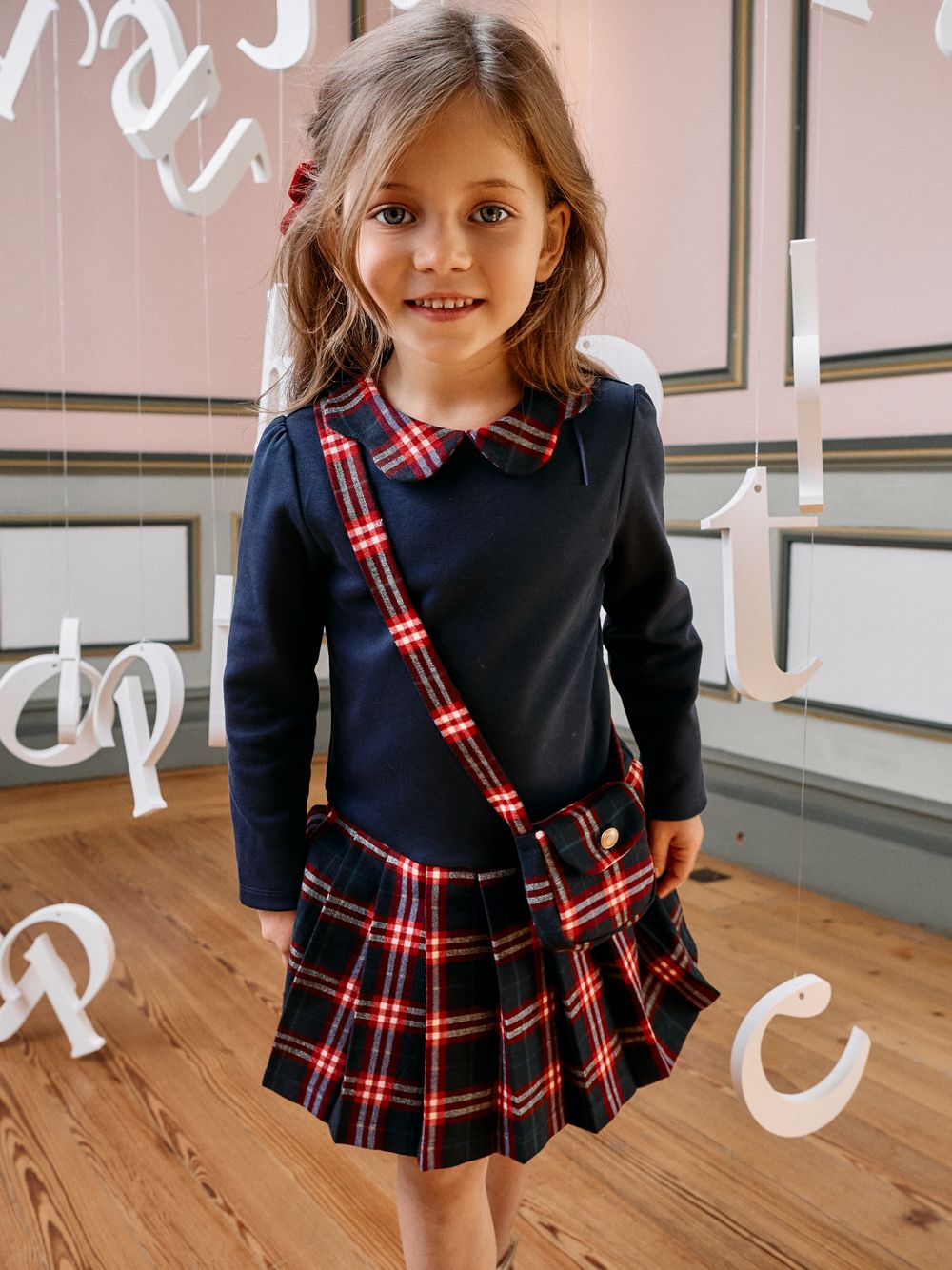 Navy Blue dress with a tartan print and handbag