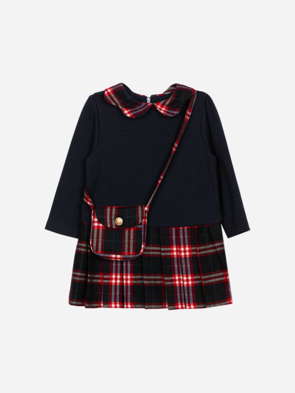 Navy Blue dress with a tartan print and handbag