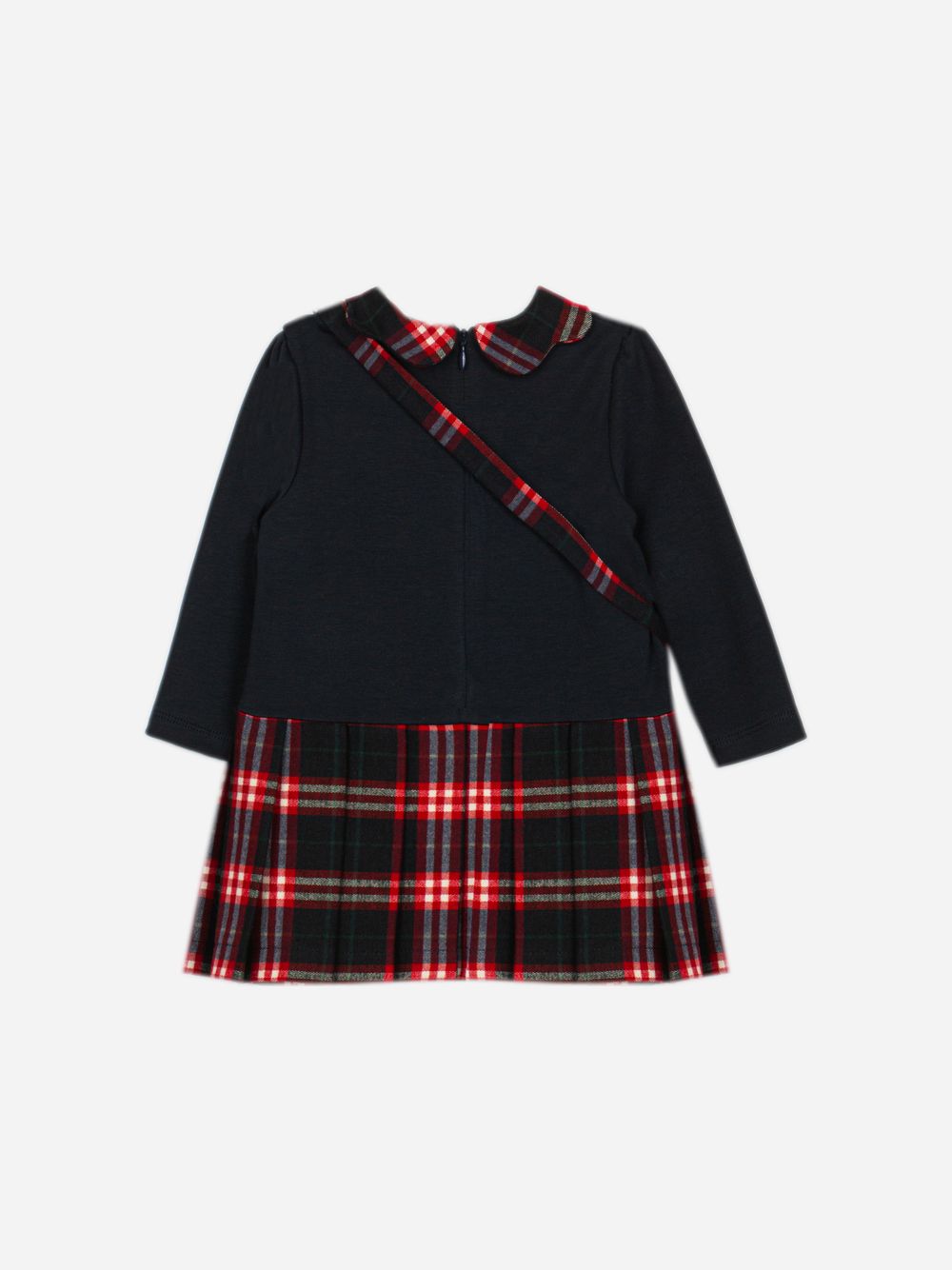 Navy Blue dress with a tartan print and handbag