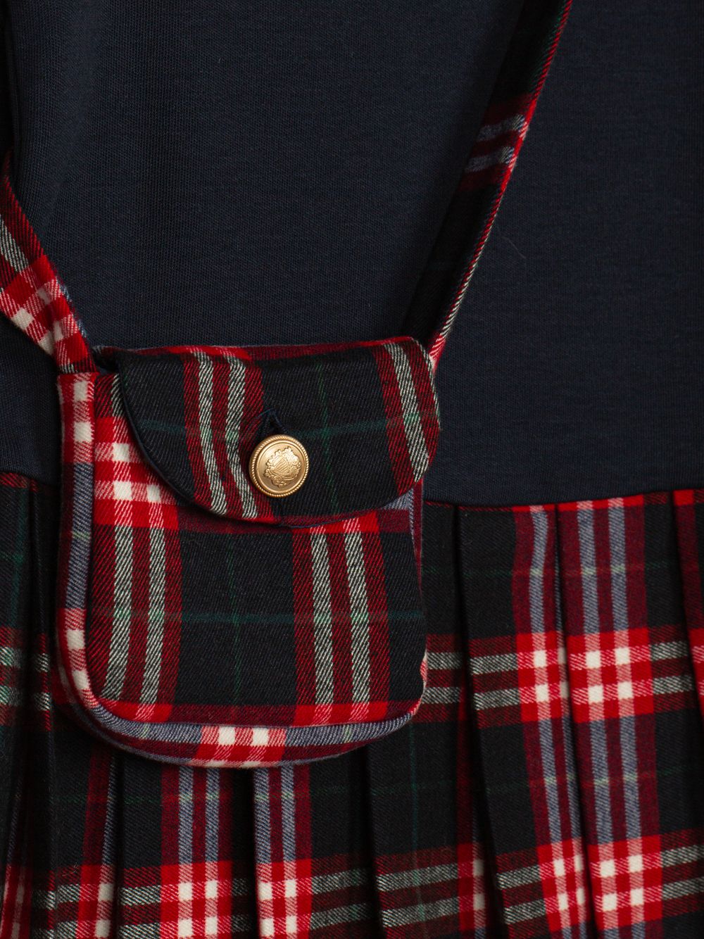 Navy Blue dress with a tartan print and handbag