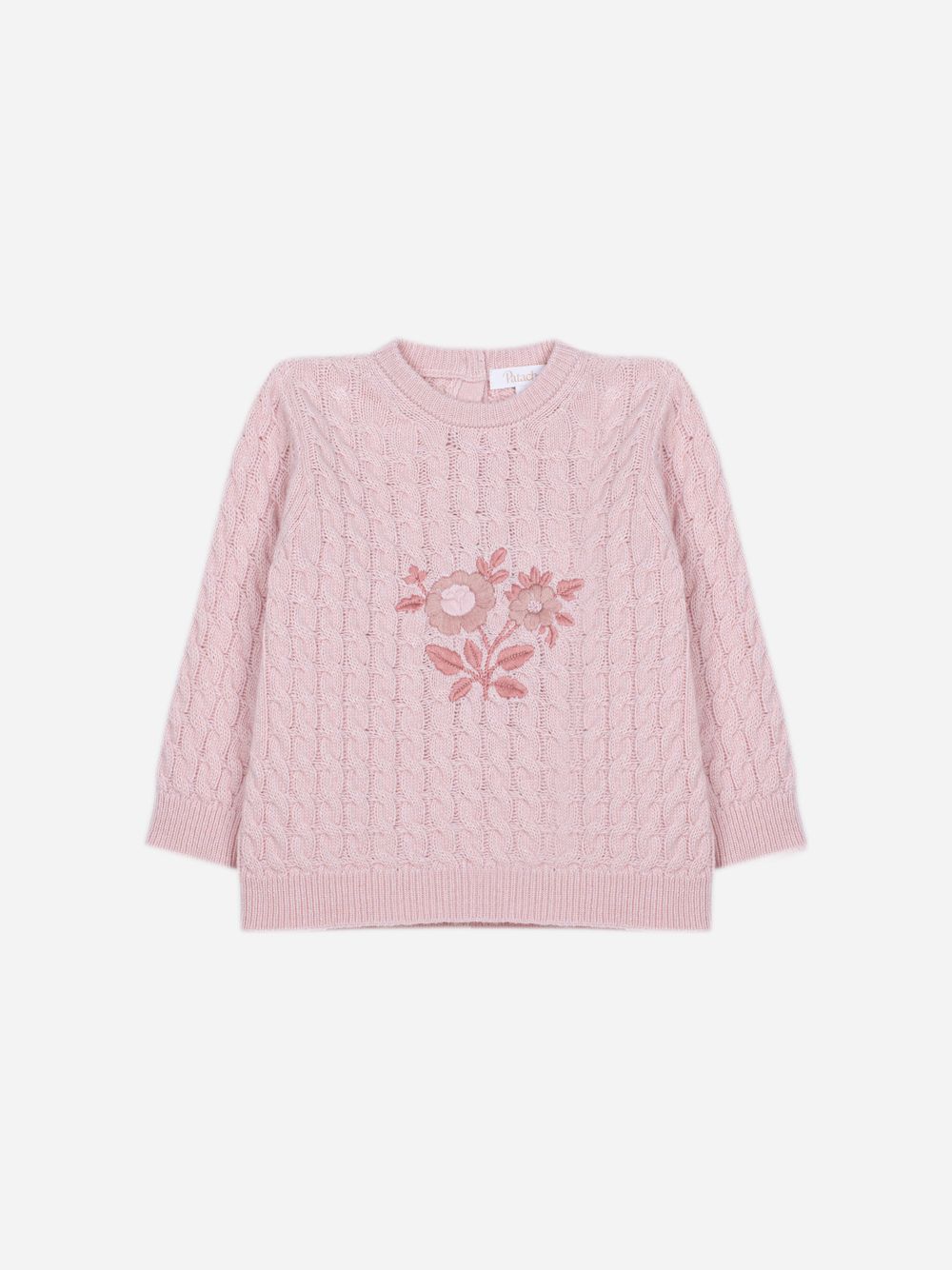 Pale pink knitted sweater with embroidered design