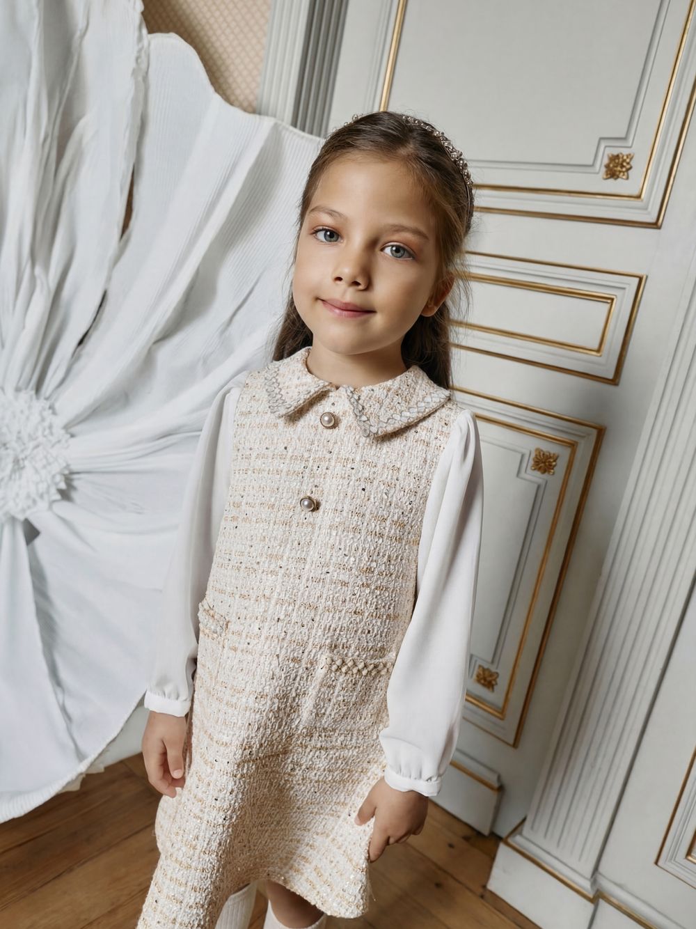 Elegant golden sparkle tweed dress