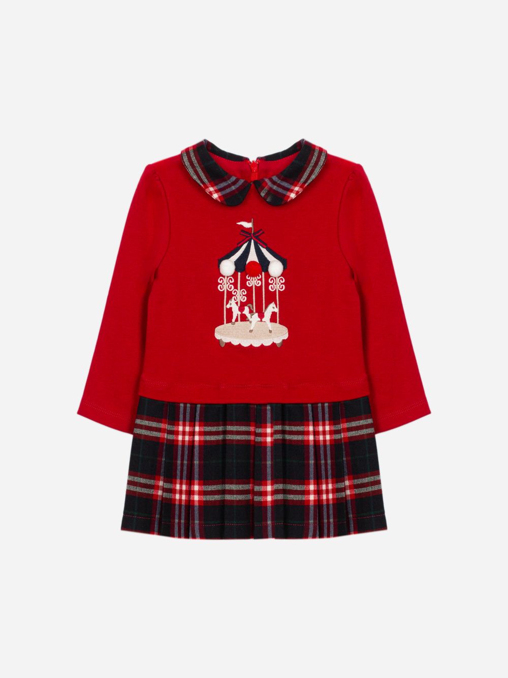 Red dress with front embroidery and tartan skirt