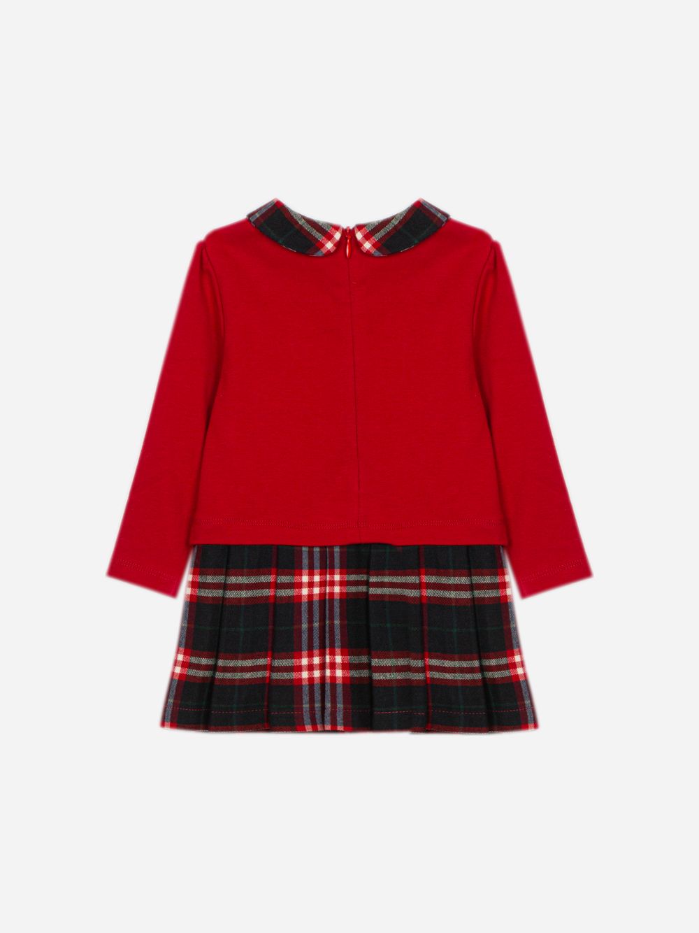 Red dress with front embroidery and tartan skirt