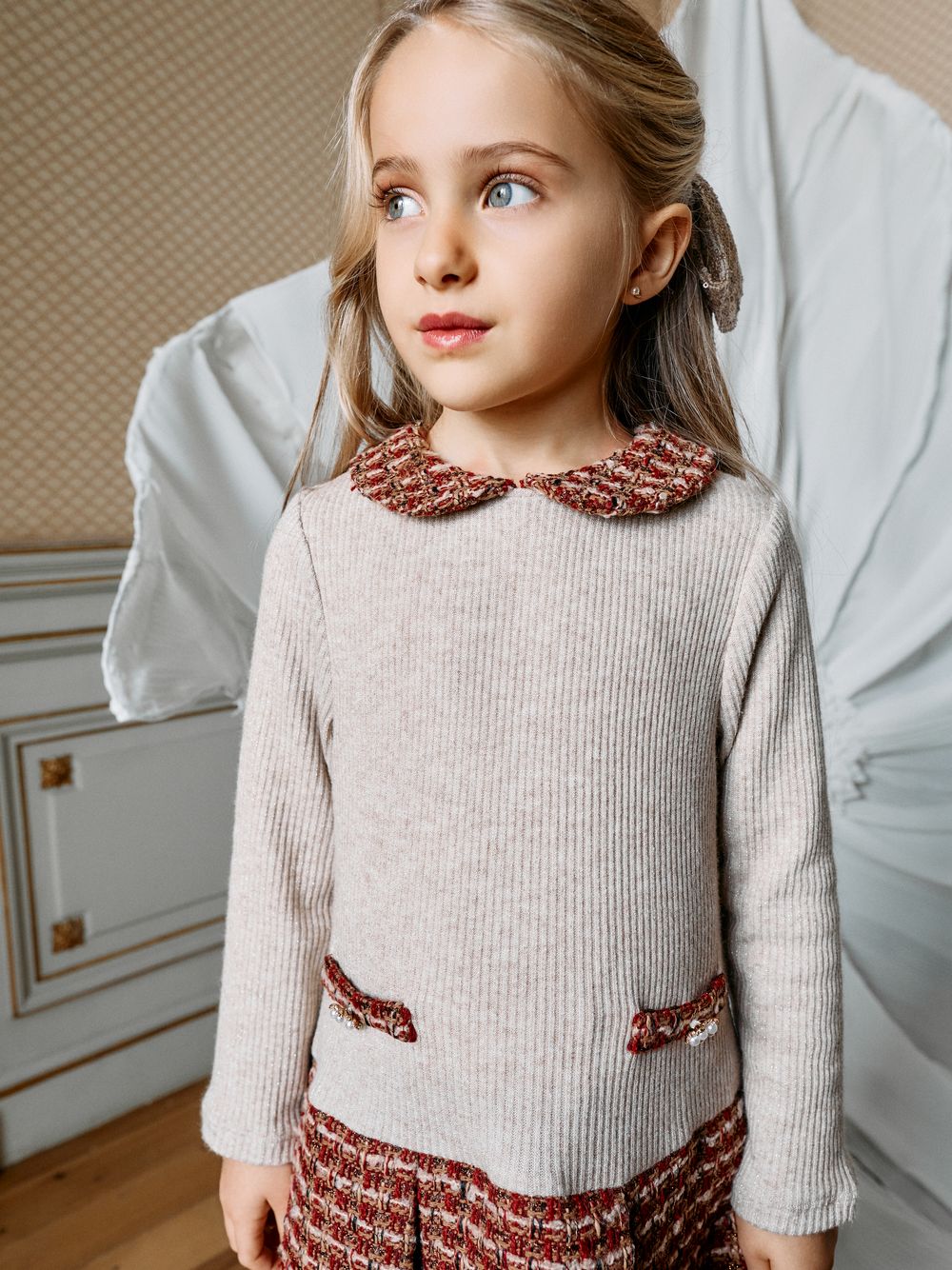 Burgundy dress with tweed details