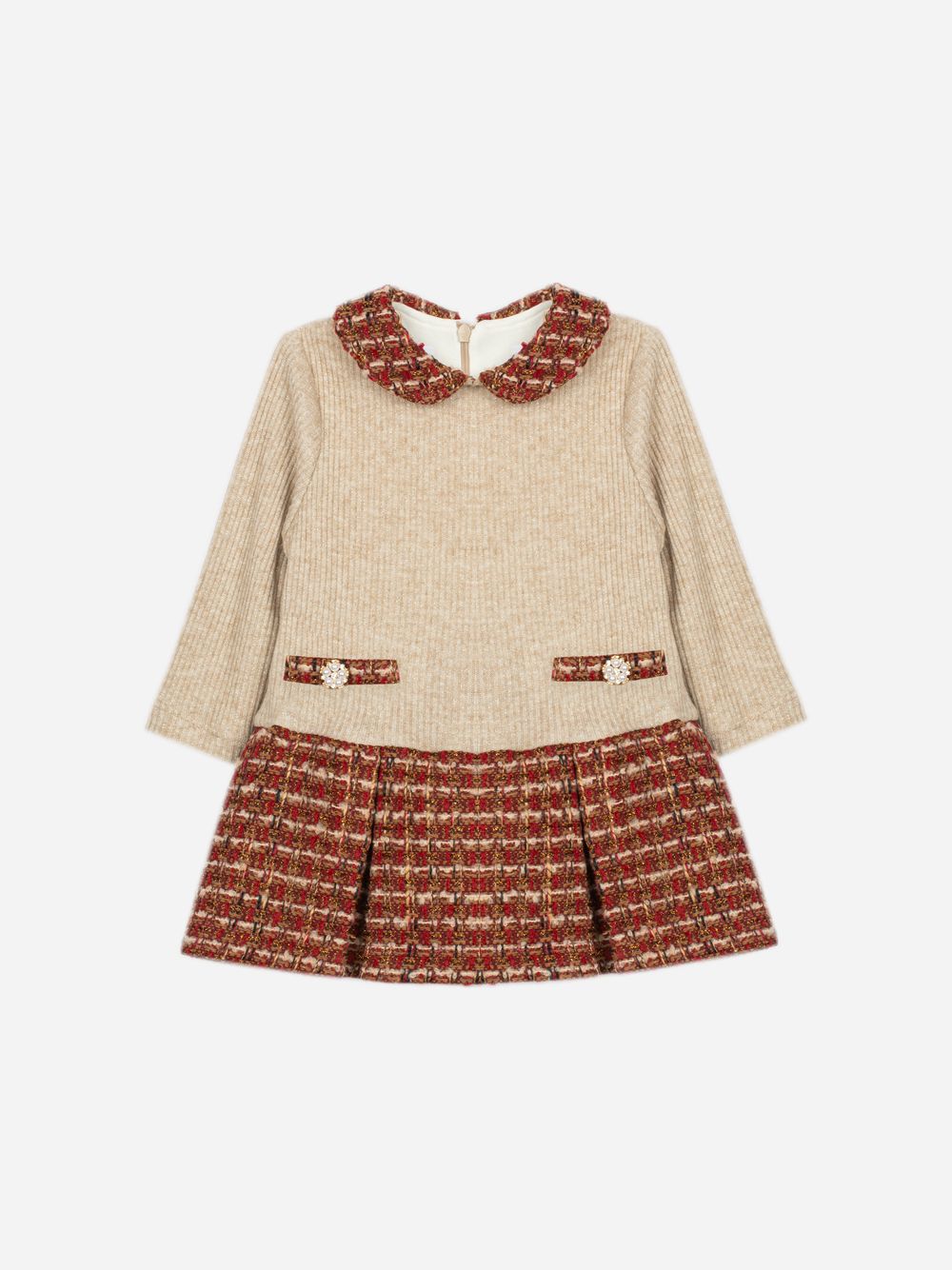 Burgundy dress with tweed details
