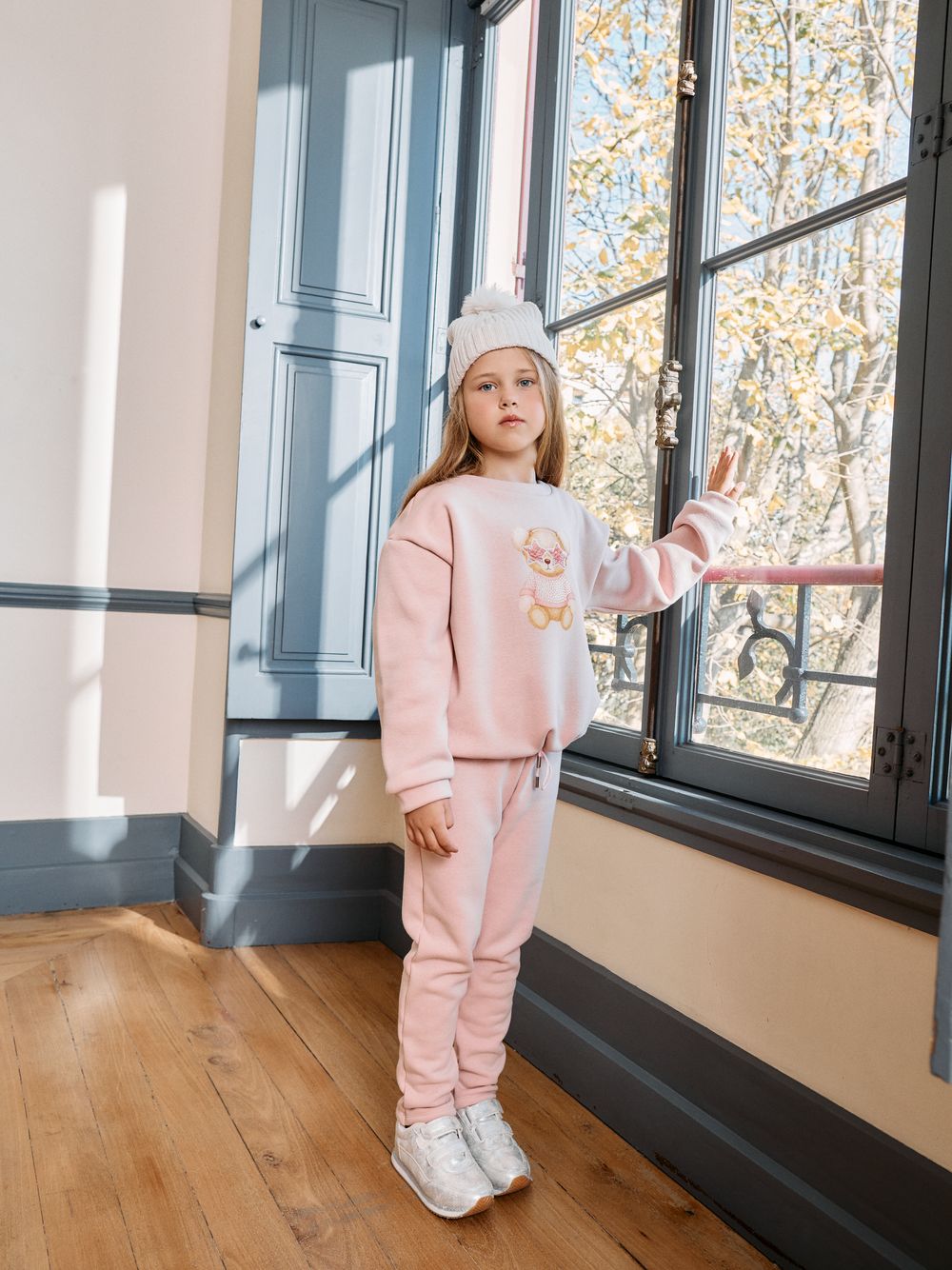 Tracksuit pale pink in cotton fleece with design