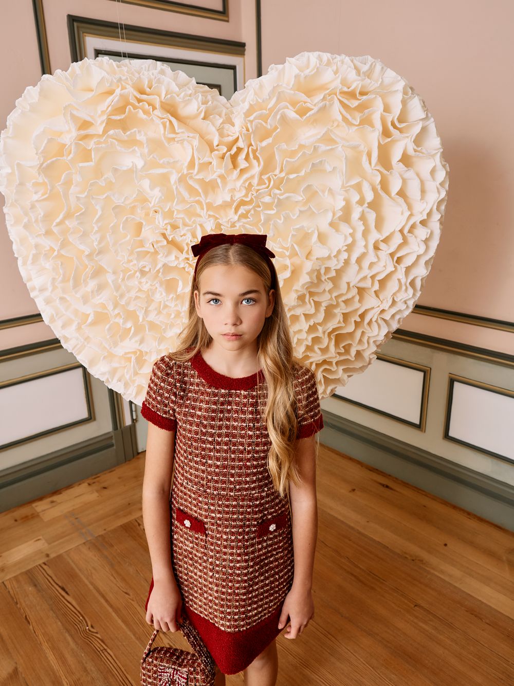 Burgundy tweed dress with bouclé details
