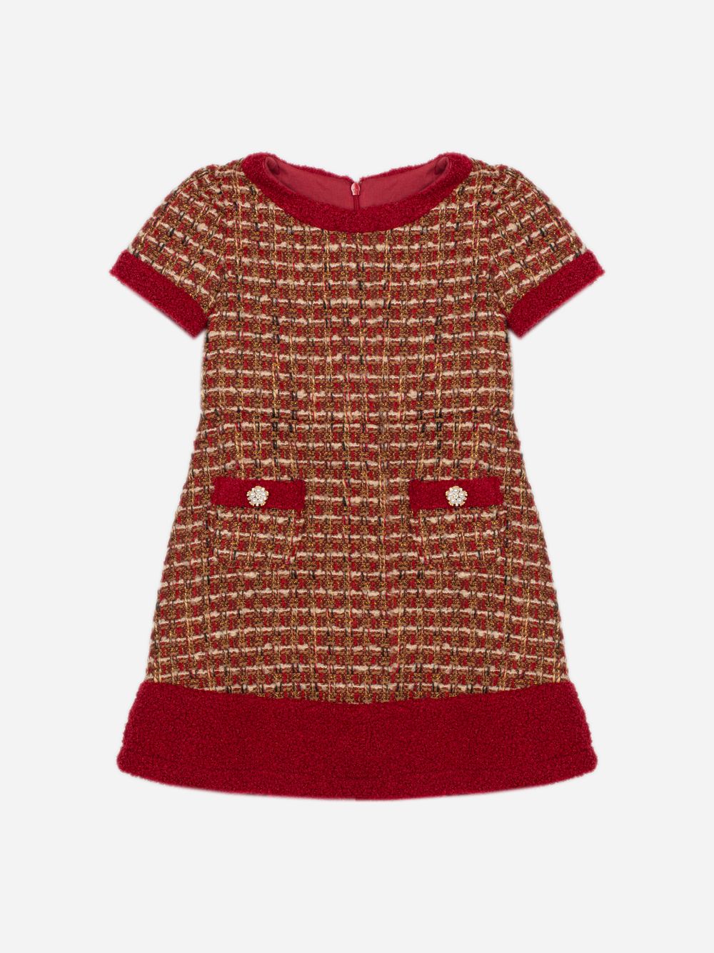 Burgundy tweed dress with bouclé details