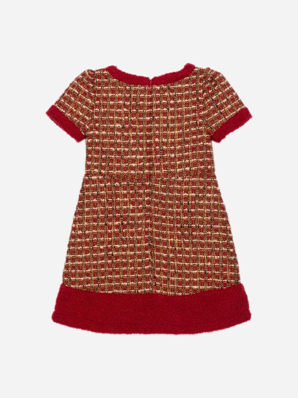 Burgundy tweed dress with bouclé details