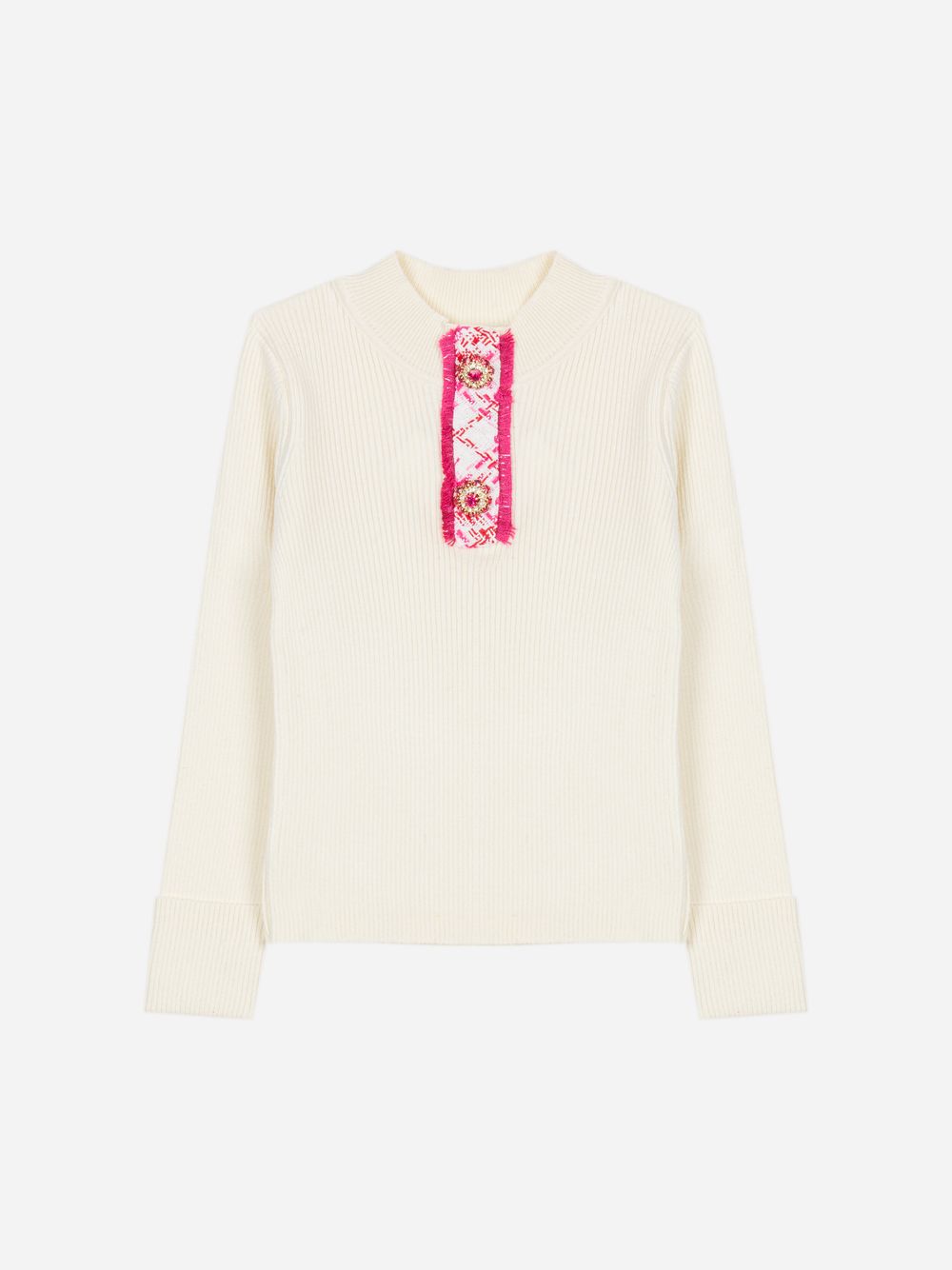 Ecru knit sweater with tweed detailing