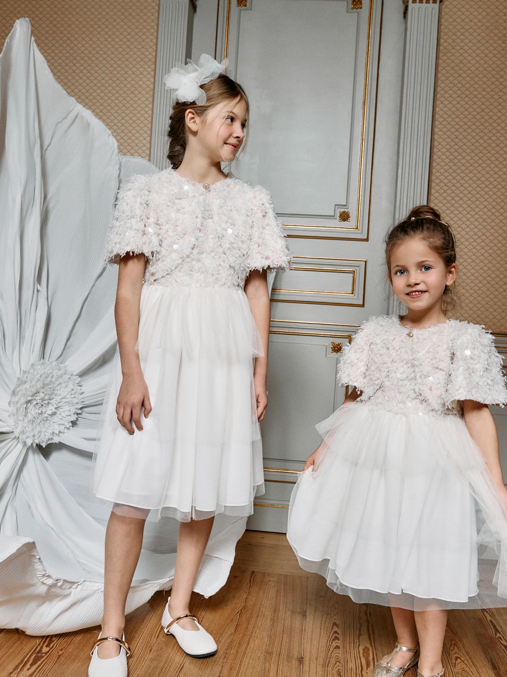 Ecru tulle and fur dress