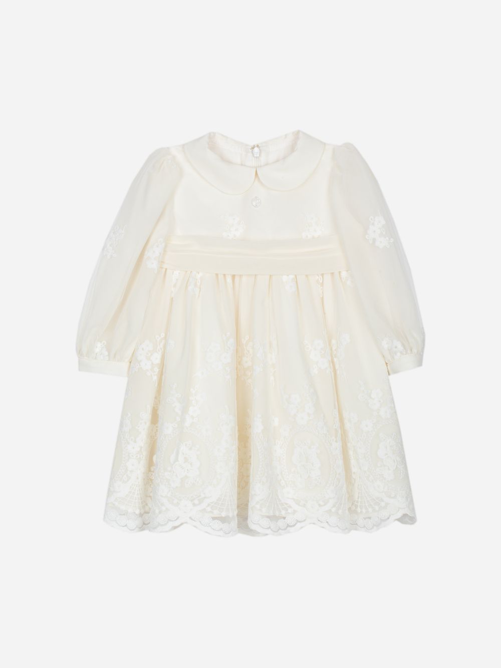 Beige dress in elegant embroidered tulle