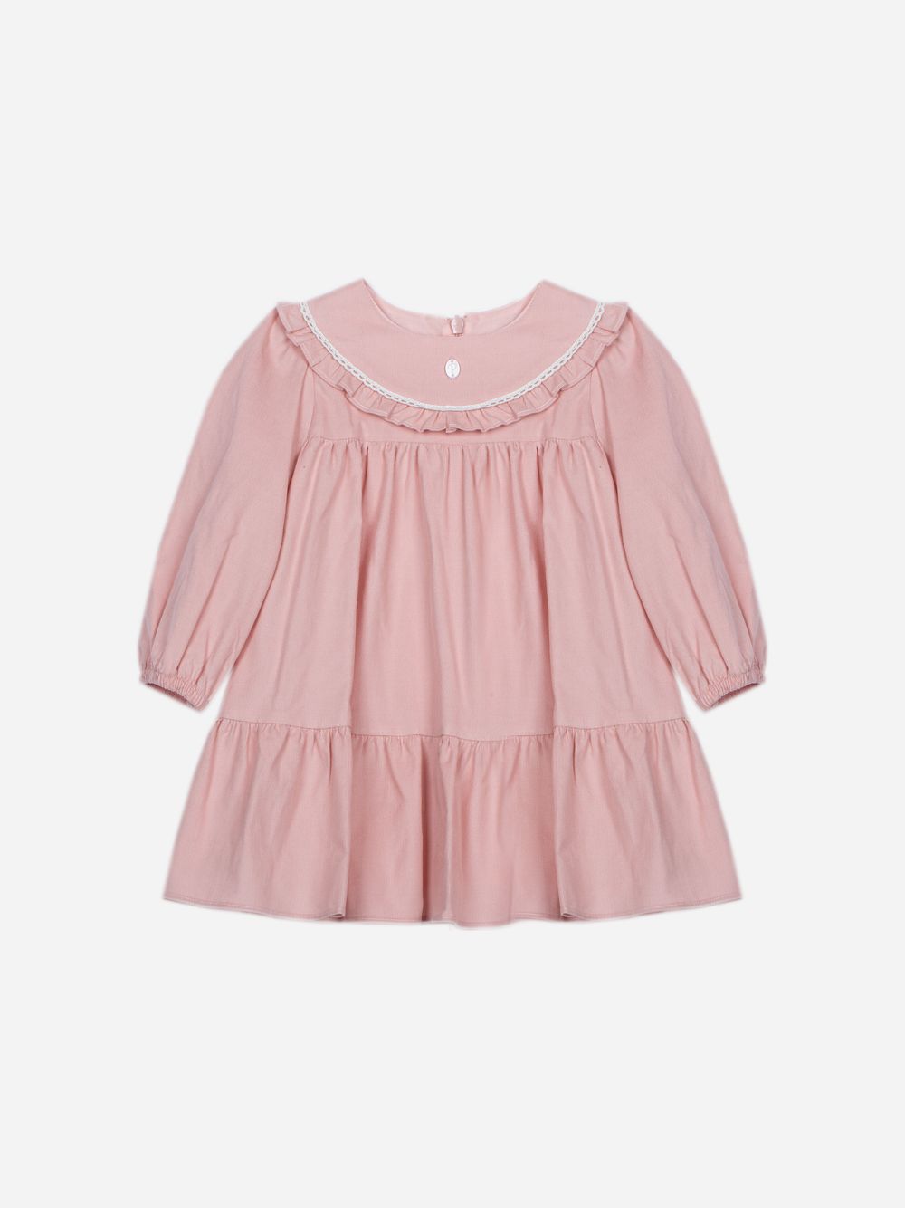 Pale pink dress with an elegant collar and ruffles