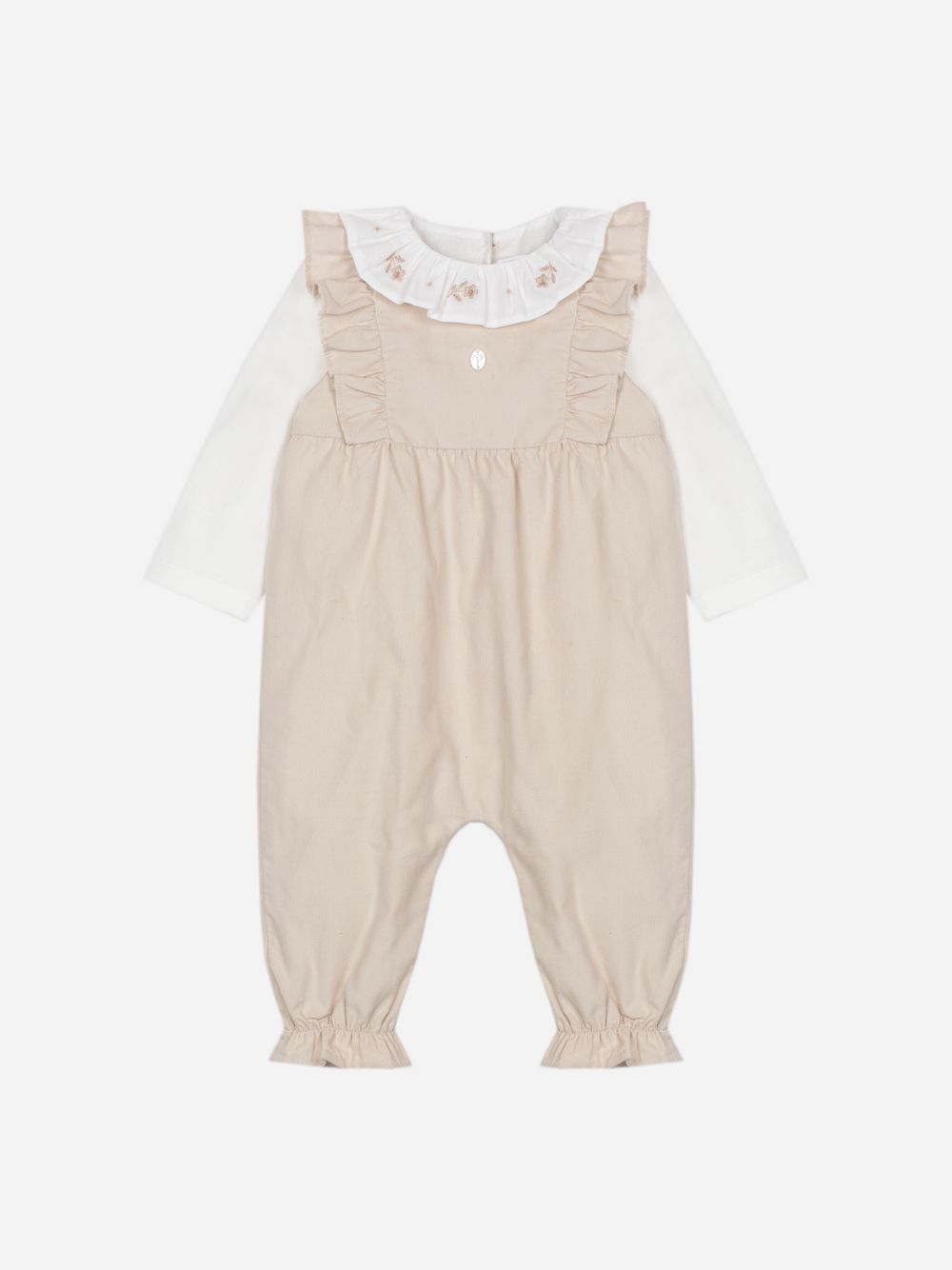 Beige babygrow with ruffles and embroidered collar