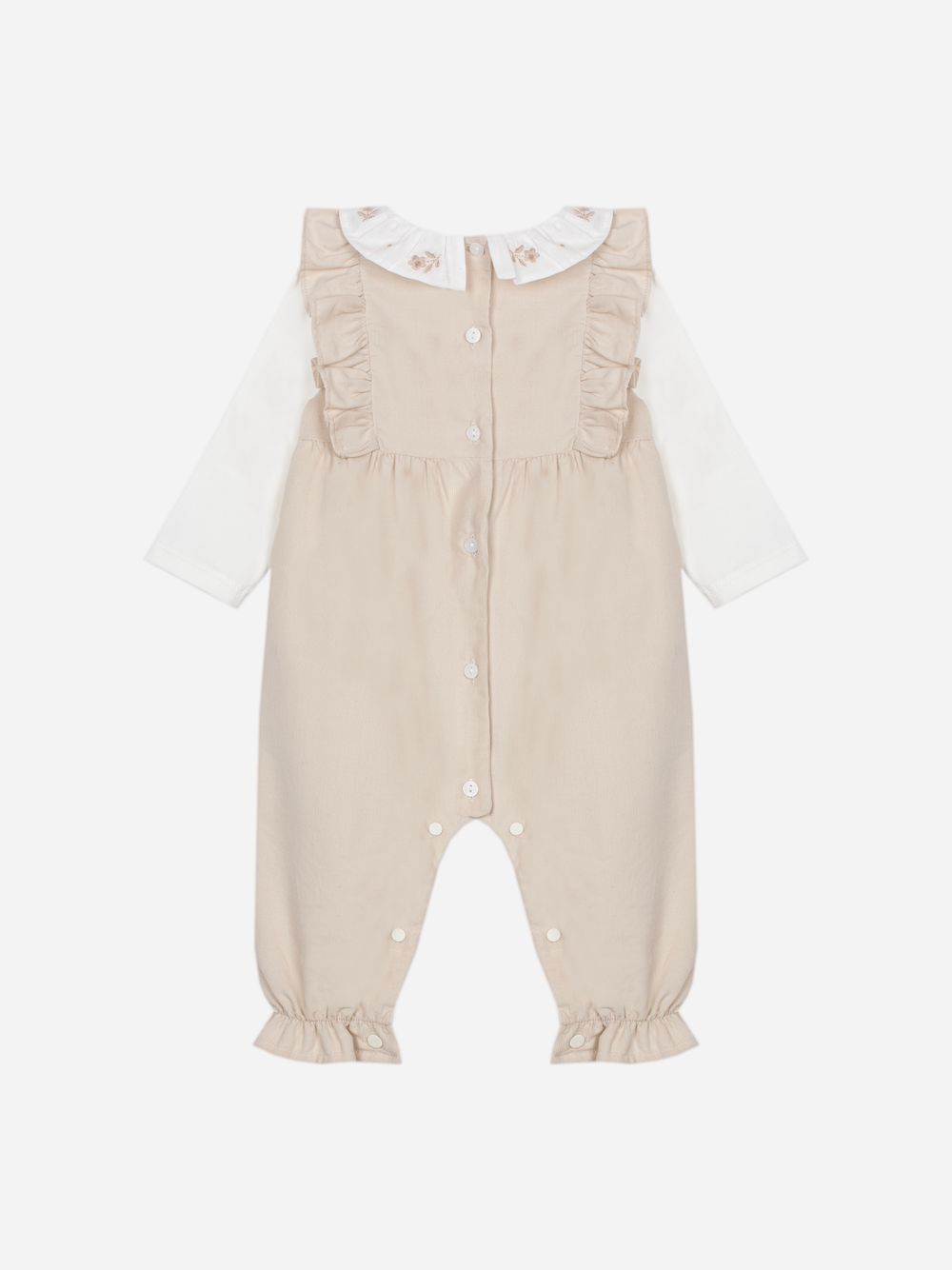 Beige babygrow with ruffles and embroidered collar