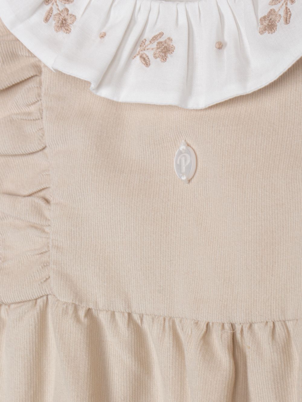 Beige babygrow with ruffles and embroidered collar