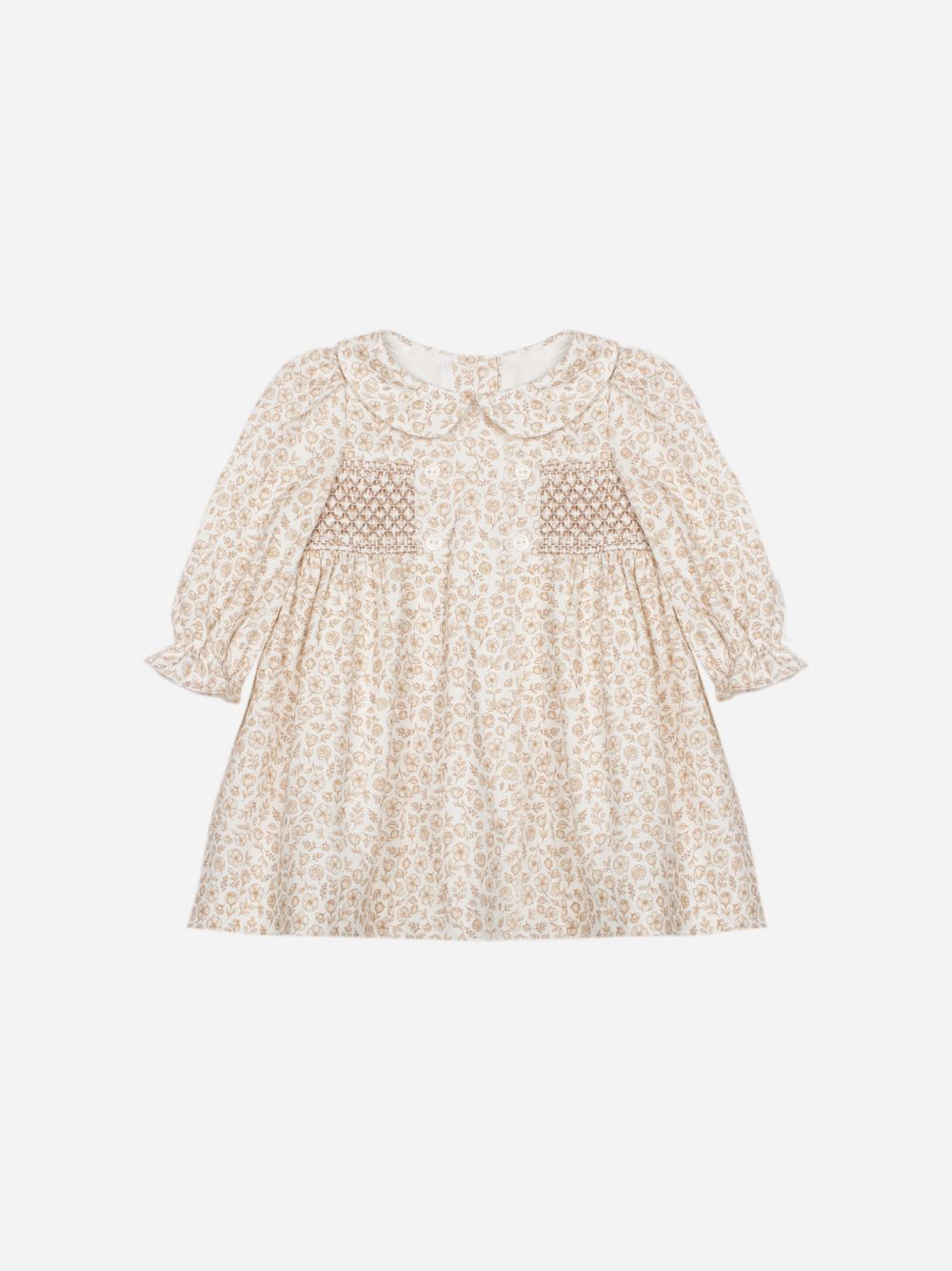 Beige floral print dress with smock details