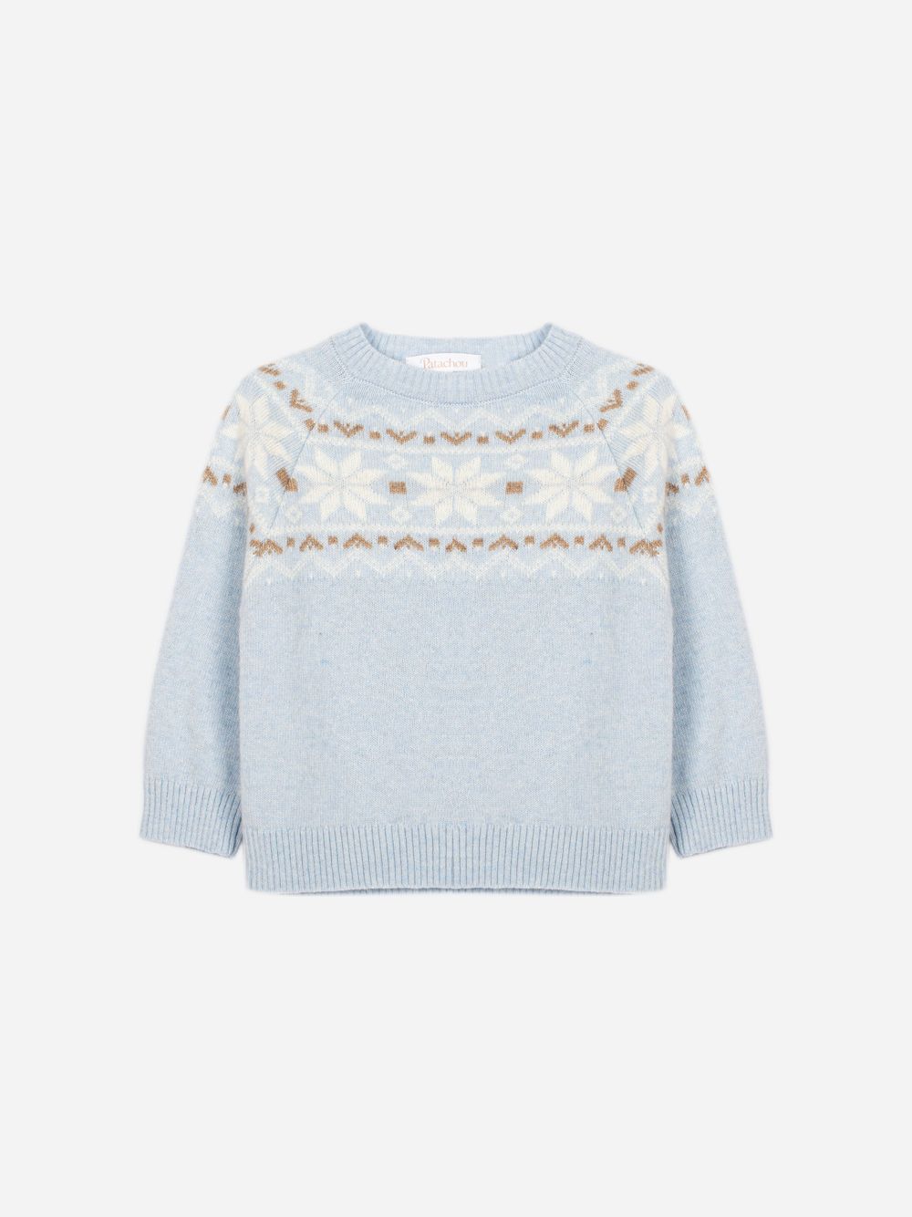 Light Blue knit sweater with a design on the front