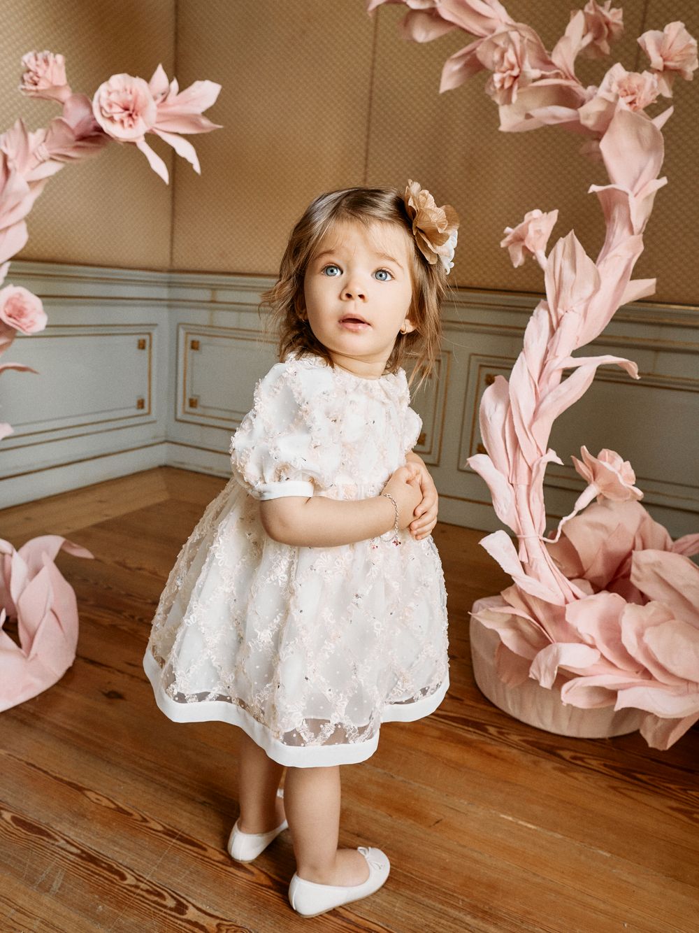 Beige embroidered tulle dress