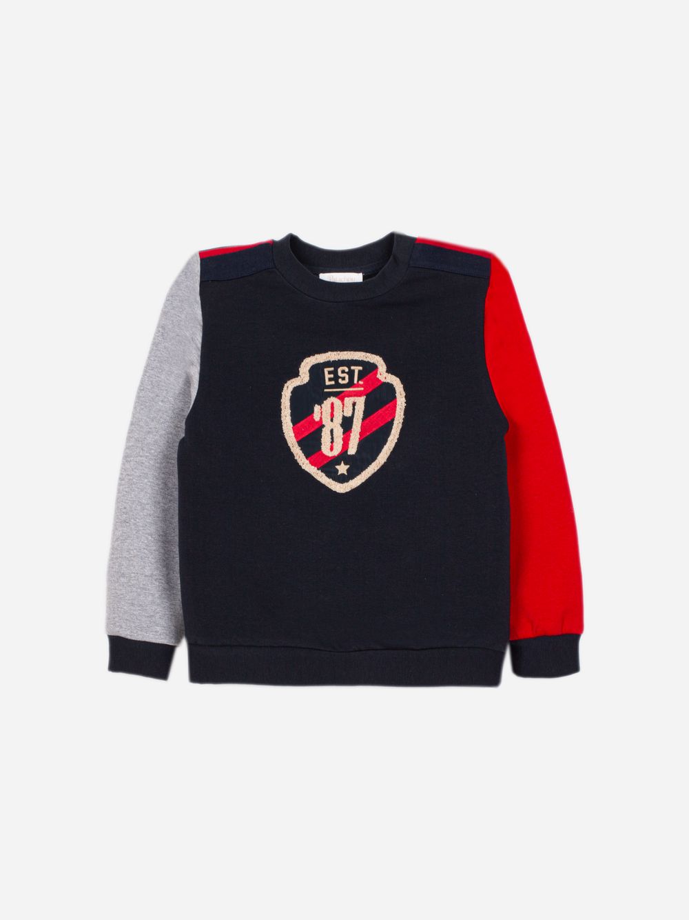 Elegant navy blue sweater with contrasting sleeves