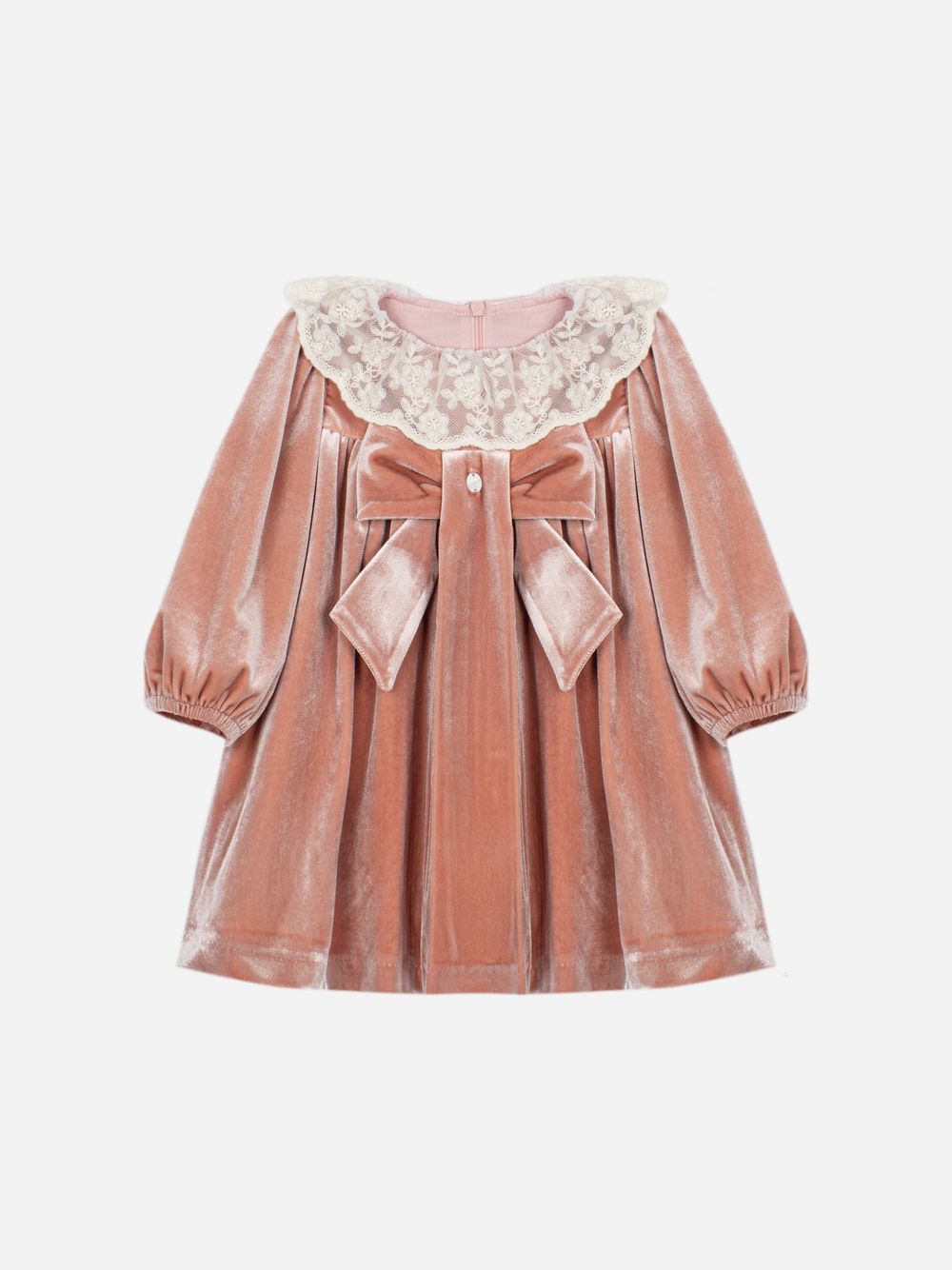 Elegant pink dress with bow and lace collar