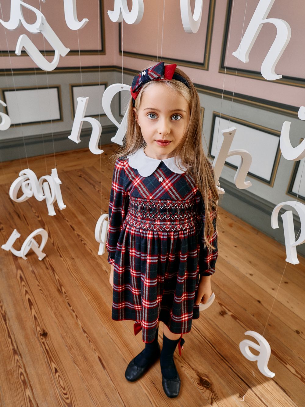 Navy Blue tights with a tartan bow
