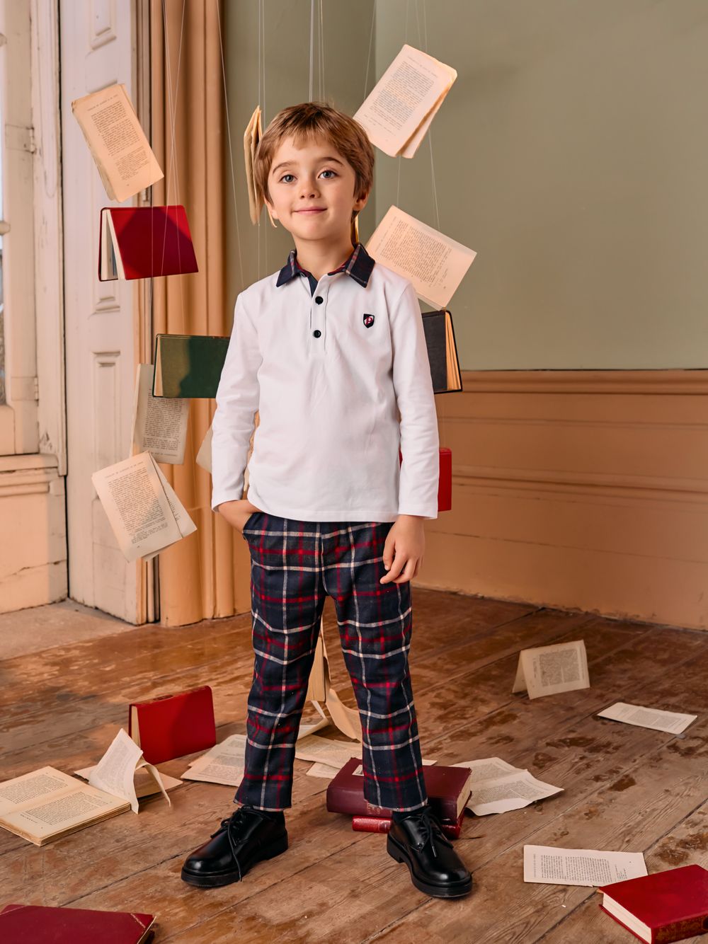 White and tartan polo with crest