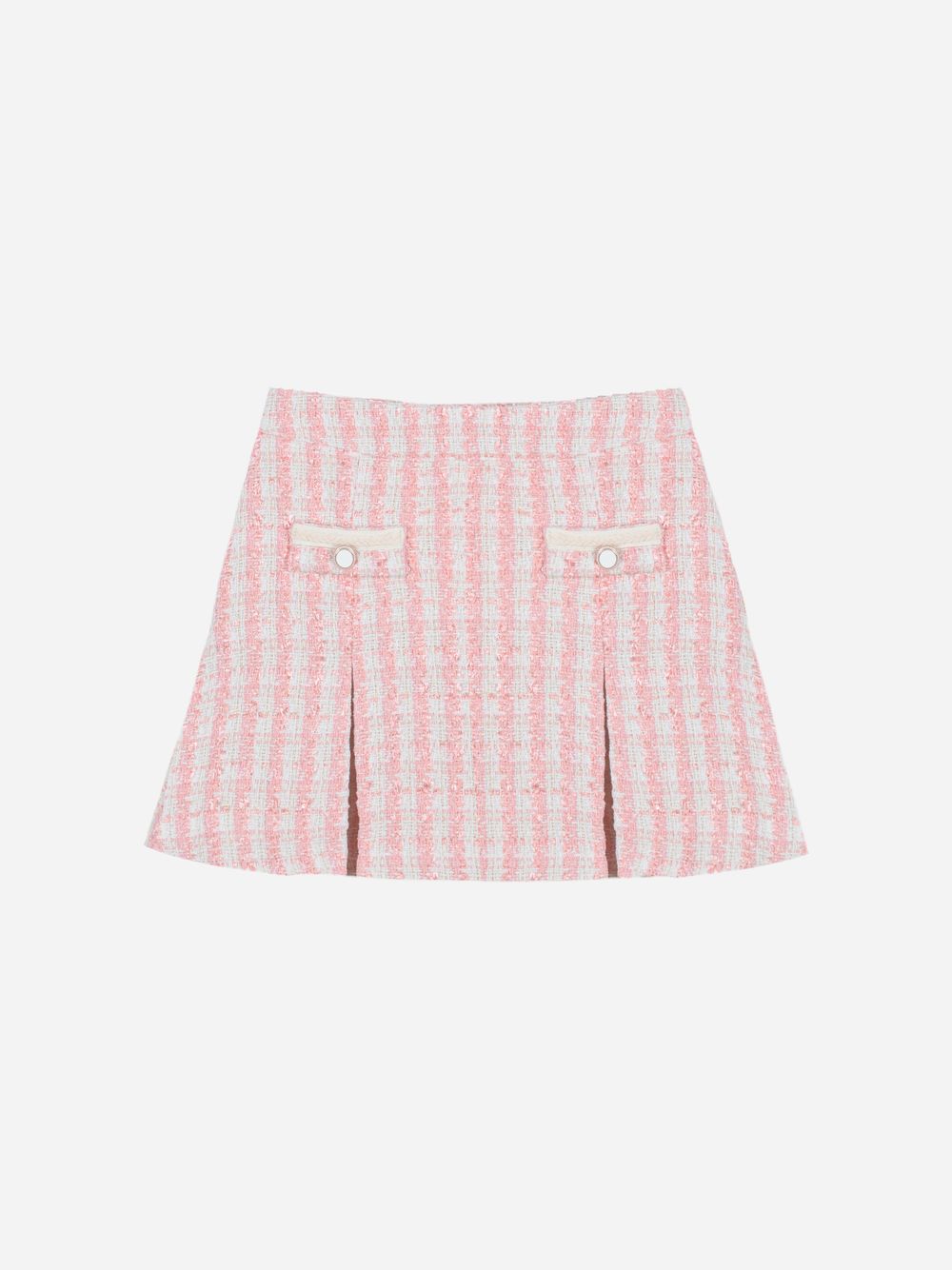 Pleated pale pink tweed skirt