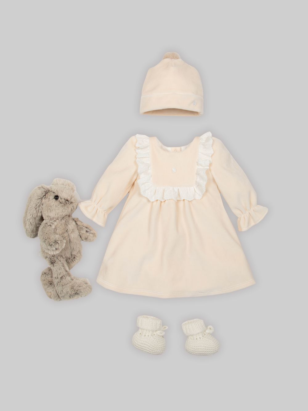 Beige velour dress with frill