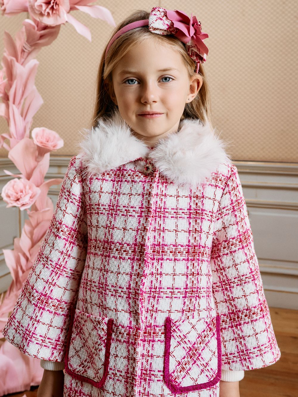 Pink tweed and crepe headband with decorative flower