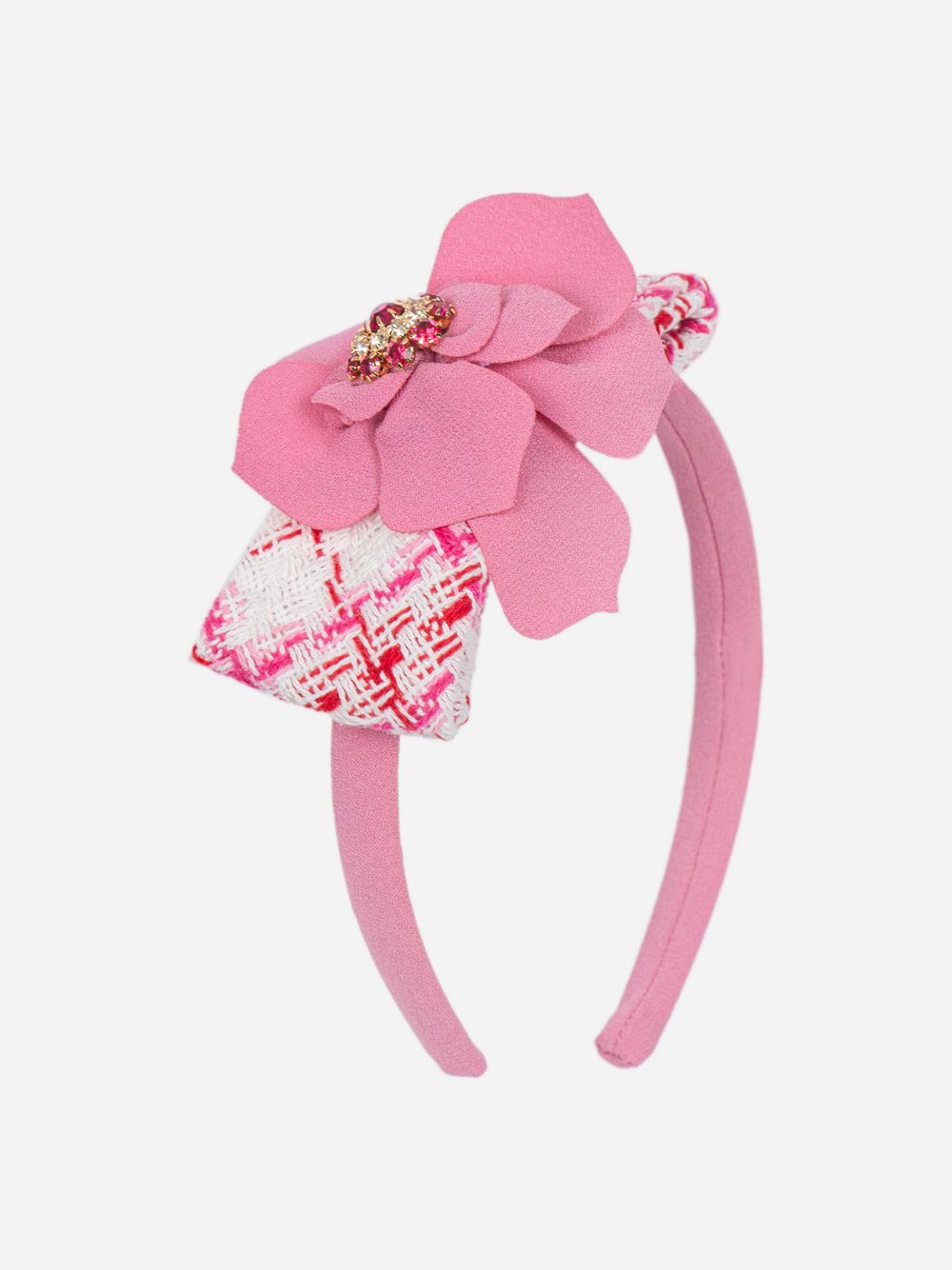 Pink tweed and crepe headband with decorative flower