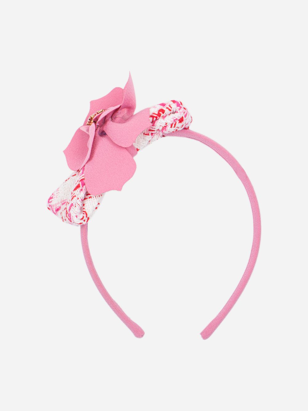 Pink tweed and crepe headband with decorative flower