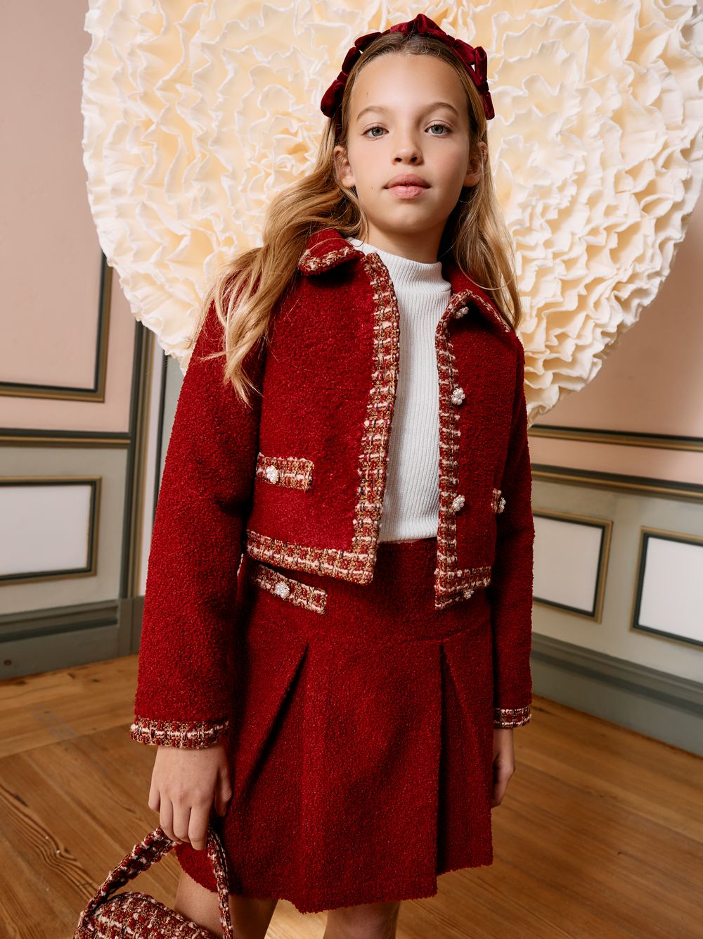 Burgundy bouclé coat with tweed details