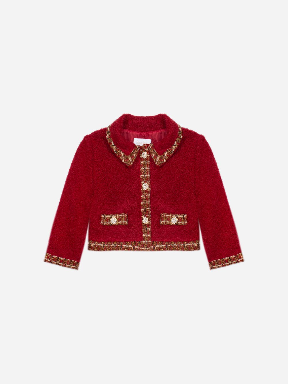 Burgundy bouclé coat with tweed details
