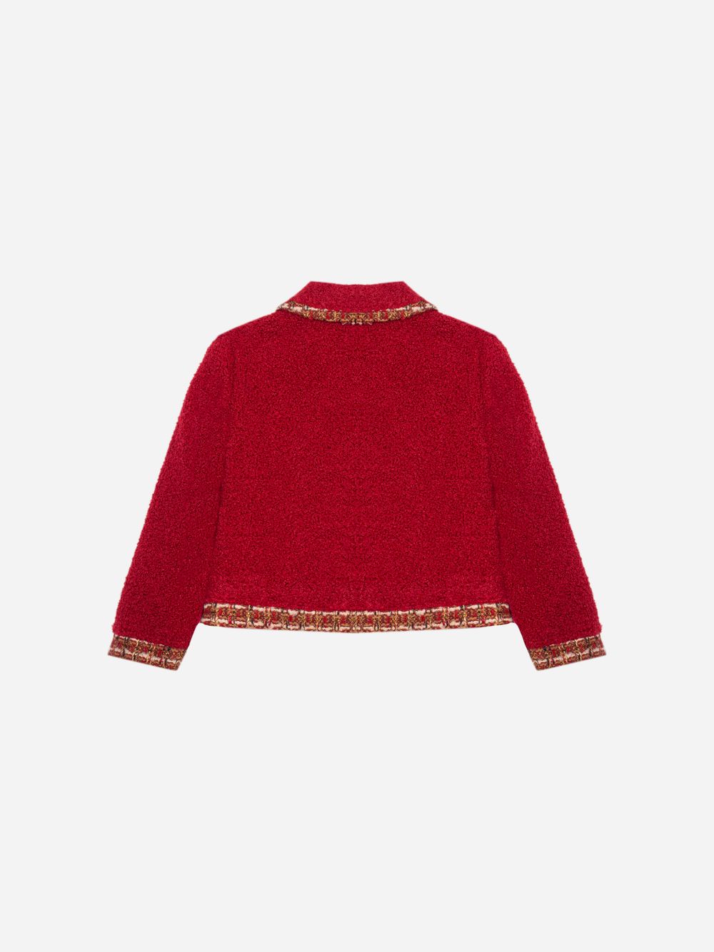 Burgundy bouclé coat with tweed details