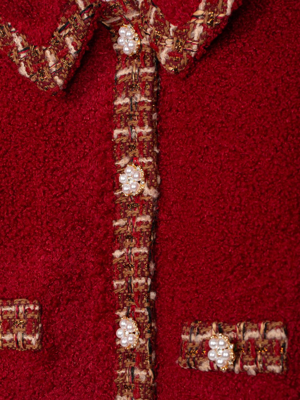 Burgundy bouclé coat with tweed details