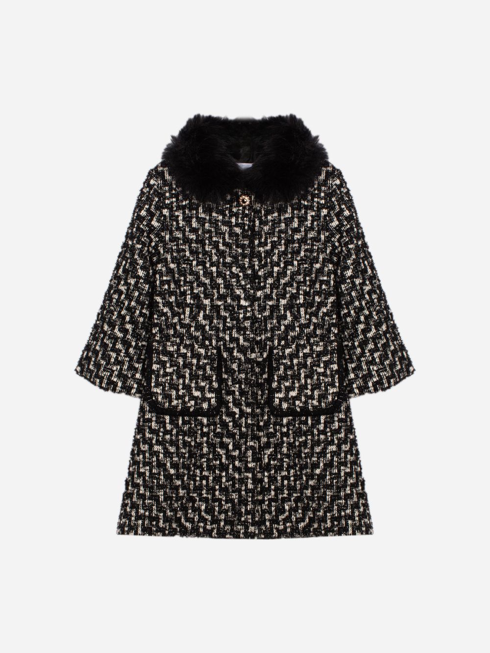 Black tweed coat with a fur collar