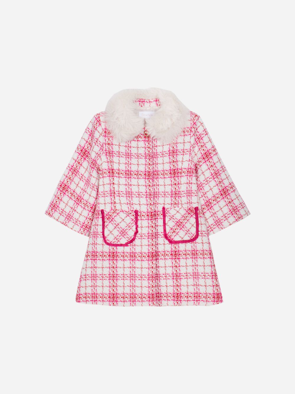 Pink tweed coat with a fur collar